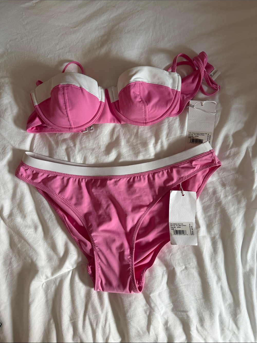 STAUD Pink and White Bandeau Bikini Set